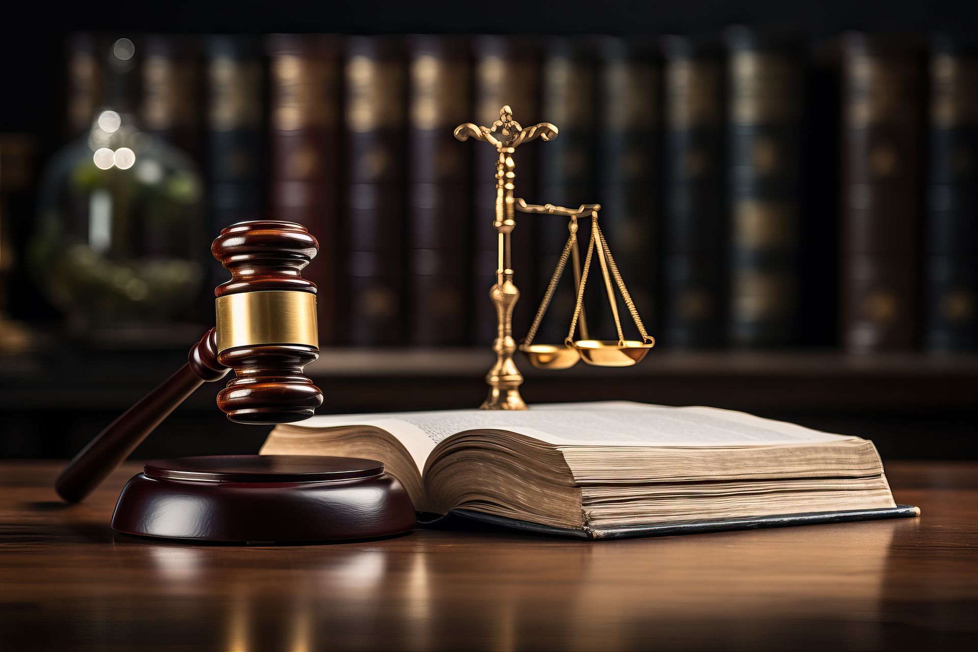 Marteau de juge, livre et balance sur un bureau