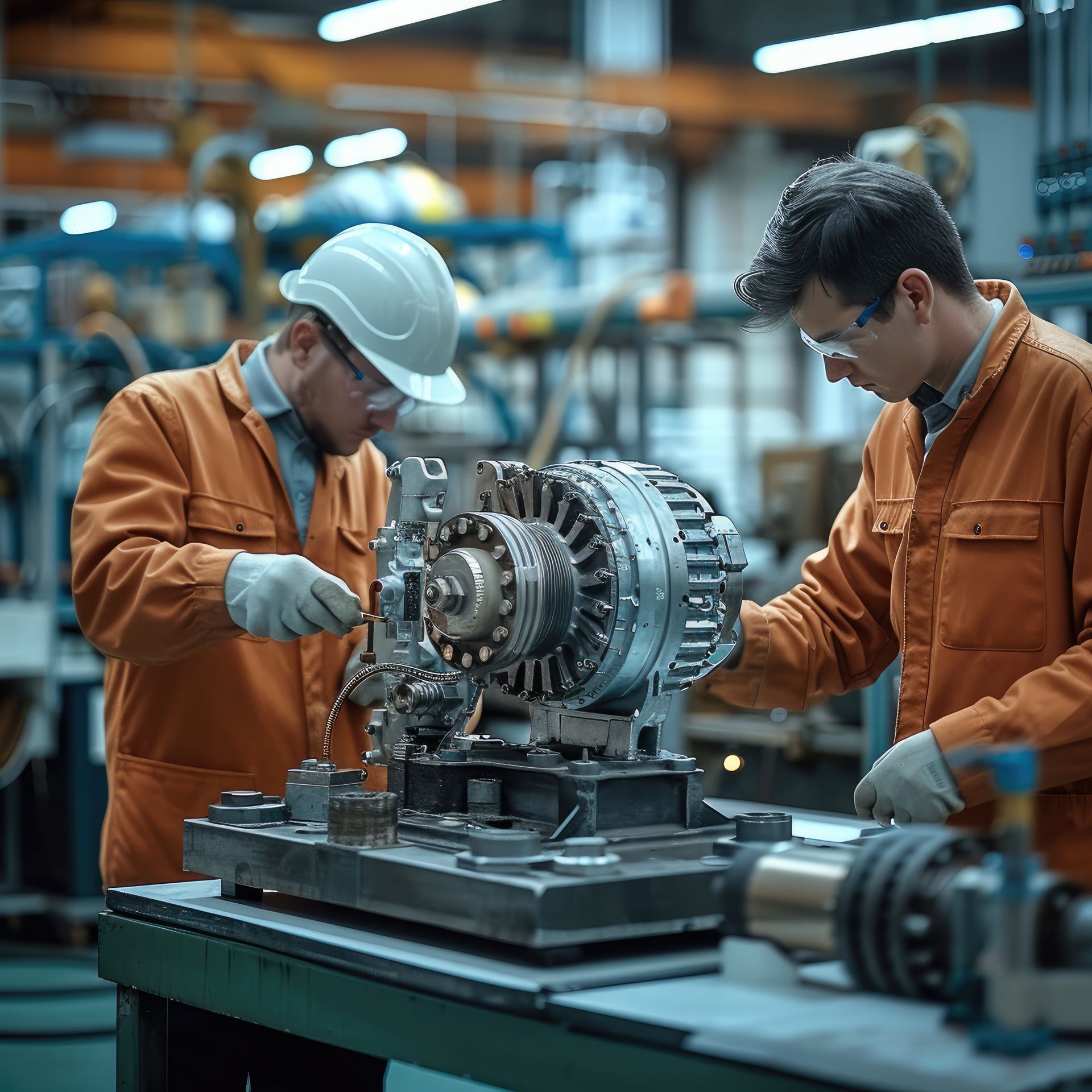 2 mécaniciens qui réparent une partie d'une machine