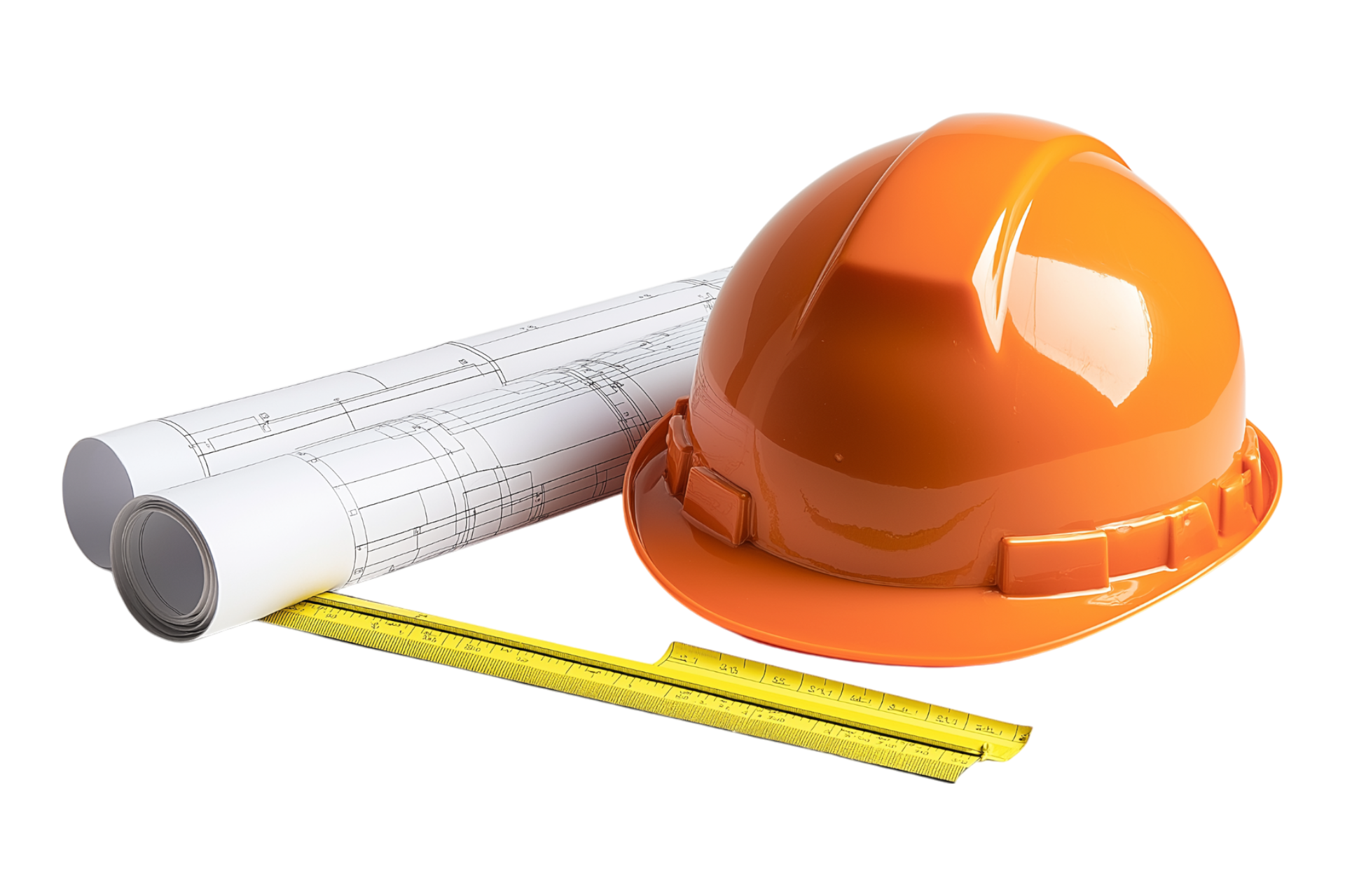 Plan, mètre et casque de chantier