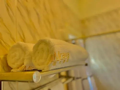 Duas toalhas estão em uma prateleira no banheiro.