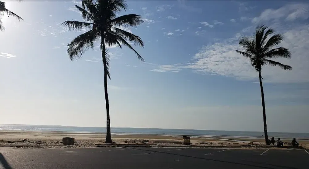 Duas palmeiras são silhuetadas contra um céu azul perto do oceano