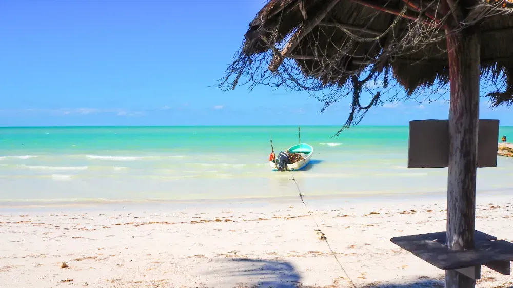 Um guarda-sol de palha em uma praia com um barco ao fundo.