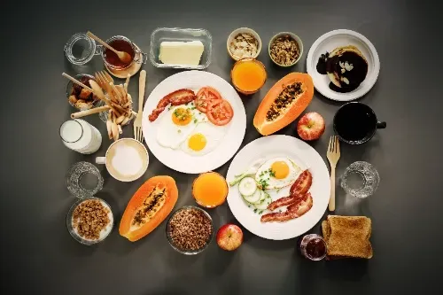 There are many different types of food on the table.