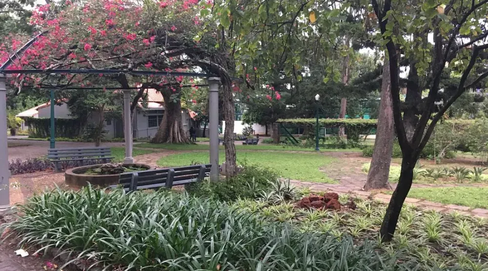 Um parque com um mirante e bancos no meio