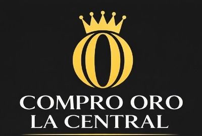 Logotipo de una corona dorada encima de las palabras &laquo;COMPRO ORO LA CENTRAL&raquo; sobre un fondo negro
