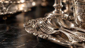 Varios utensilios y cuchillos de plata dispuestos en filas sobre una mesa de madera.