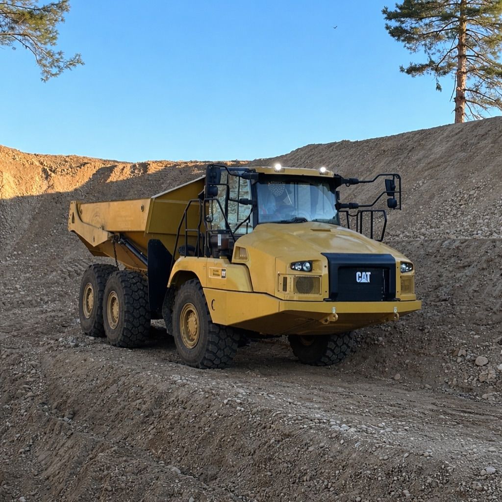 Un camion-benne jaune sur un chemin de gravier, à côté d'un tas de terre, sous un ciel bleu clair.