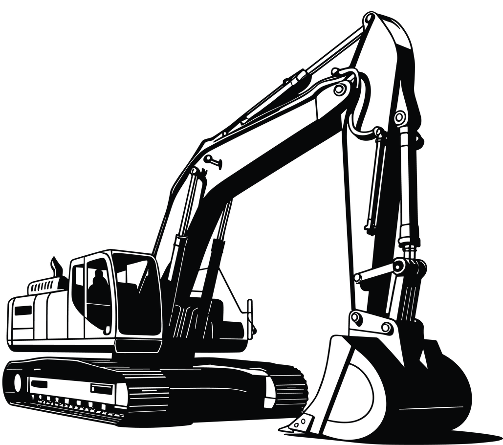 Silhouette noire d'une excavatrice avec bras et godet levés sur fond blanc