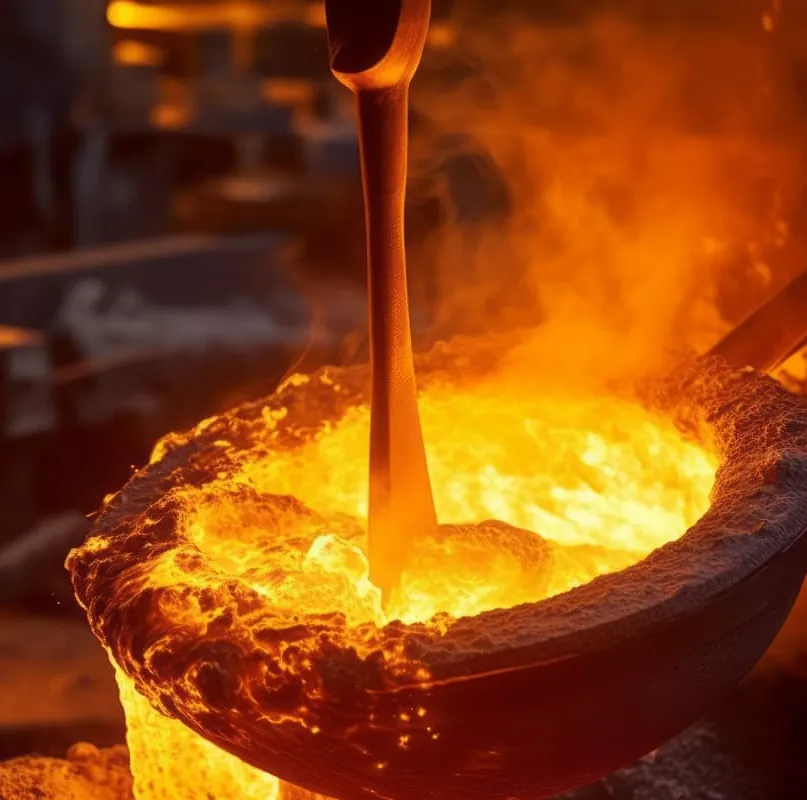 Una persona está vertiendo metal fundido en un cubo.