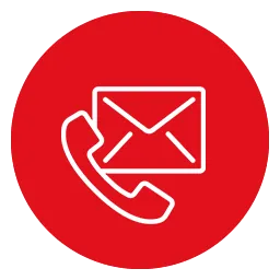 Un icono de un sobre y un teléfono en un círculo rojo.