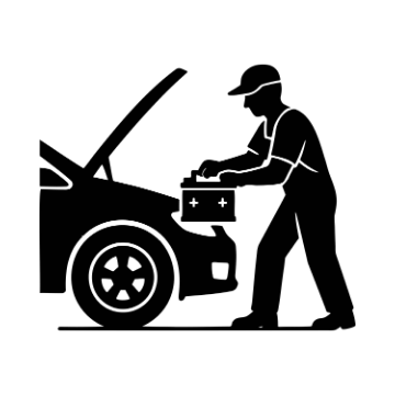 Mecánico cambiando la batería del coche; vehículo con el capó abierto.