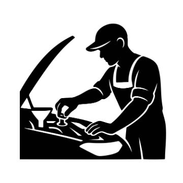 Silueta de un mecánico arrodillado purgando el sistema de frenos. Se aprecia la rueda y el conjunto de frenos del coche.