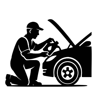 Mecánico cambiando la batería del coche; vehículo con el capó abierto.