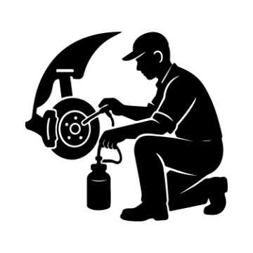 Silueta de un mecánico arrodillado purgando el sistema de frenos. Se aprecia la rueda y el conjunto de frenos del coche.