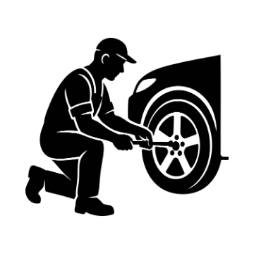 Silueta de un mecánico trabajando en la puerta de un coche, sosteniendo herramientas.