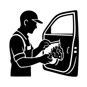 Silueta de un mecánico trabajando en la puerta de un coche, sosteniendo herramientas.