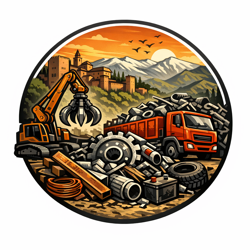 Una grúa y un camión de color naranja en un depósito de chatarra, con un pueblo de montaña al fondo