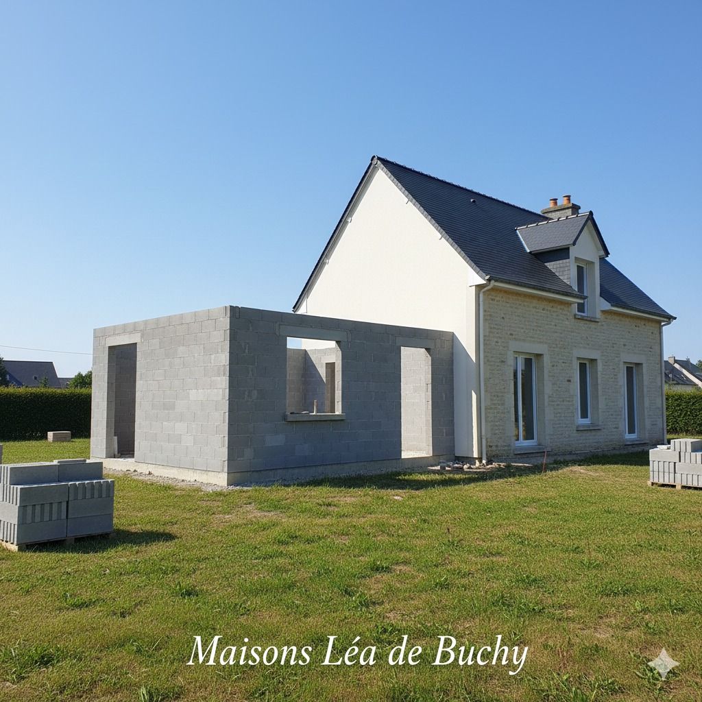 Maison en construction avec une extension, du gazon et un ciel bleu