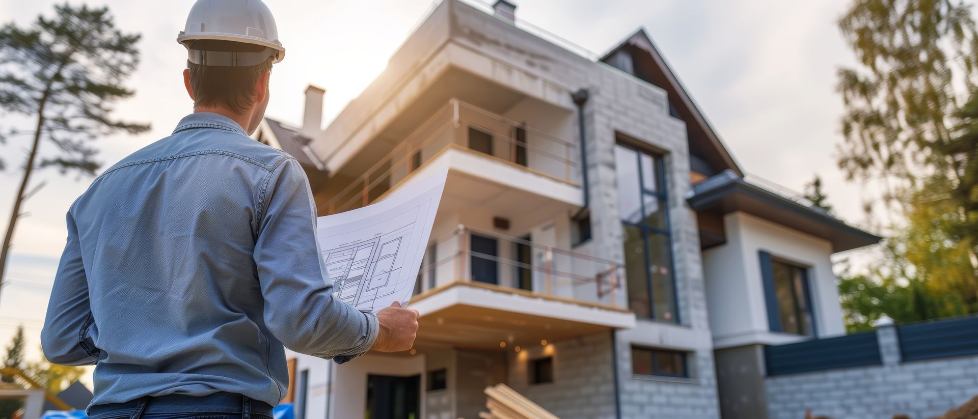 Un architecte examine les plans devant une nouvelle maison en construction.