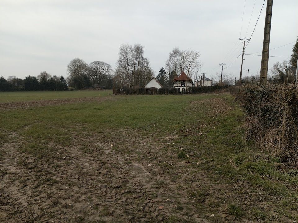 Un champ boueux, de l'herbe verte, des arbres dénudés et une maison sous un ciel nuageux.
