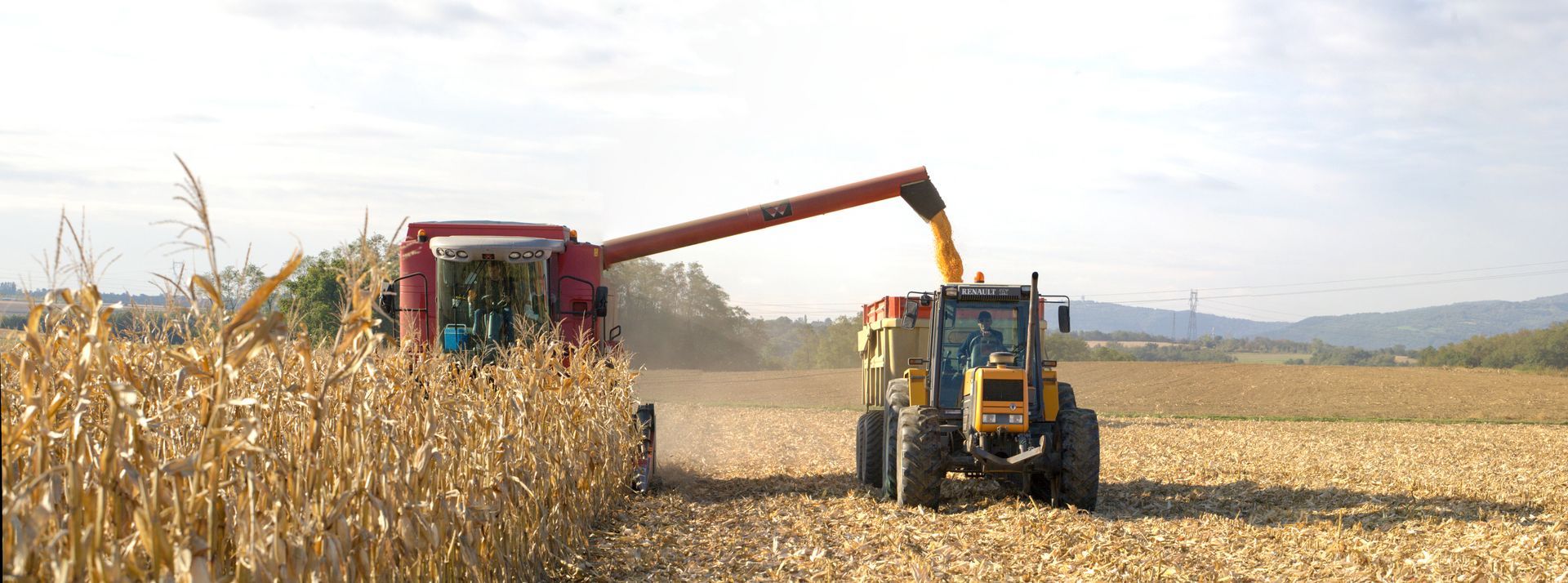 Une moissonneuse-batteuse et un tracteur agricole dans un champ