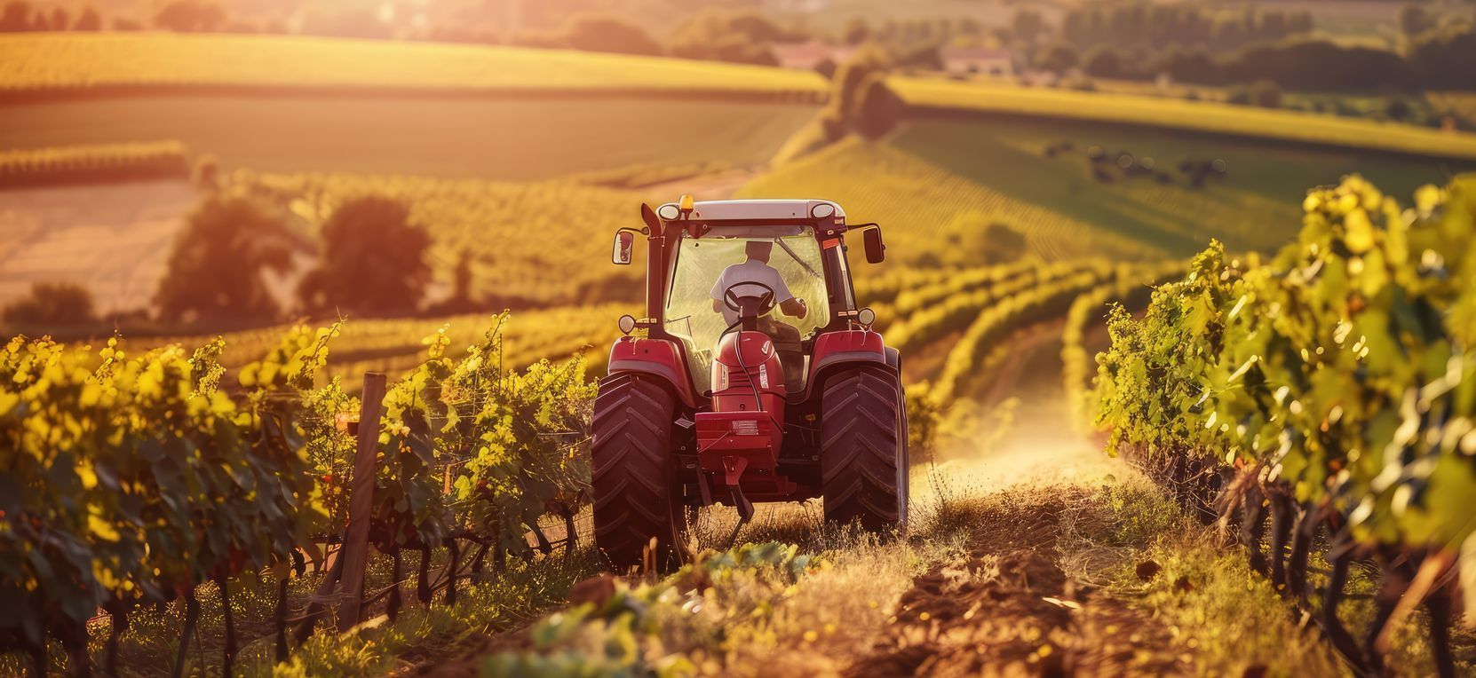 Un tracteur agricole roulant dans les vignes
