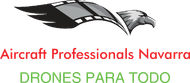 Logotipo con avi&oacute;n negro estilizado y texto rojo-verde: "Aircraft Professionals Navarra" y "DRONES PARA TODO"