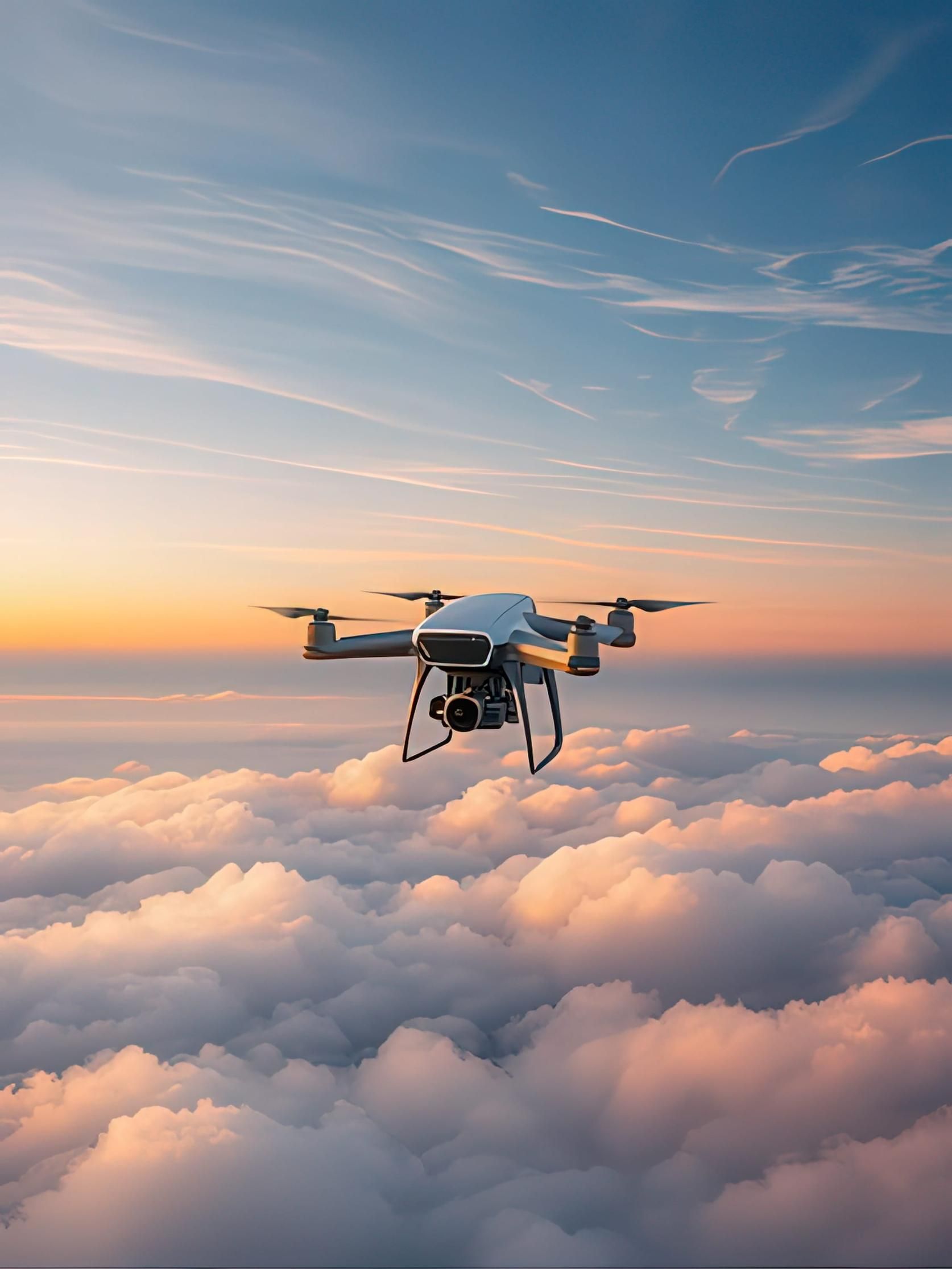 Un dron sobrevolando las nubes al amanecer, con un cielo azul y un horizonte naranja.