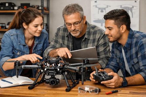 Tres personas ensamblan un dron en un banco de trabajo, utilizando herramientas y una computadora portátil en un taller.