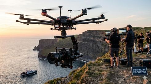 Un equipo de filmación opera un dron y una cámara para grabar una puesta de sol en un acantilado sobre el mar.