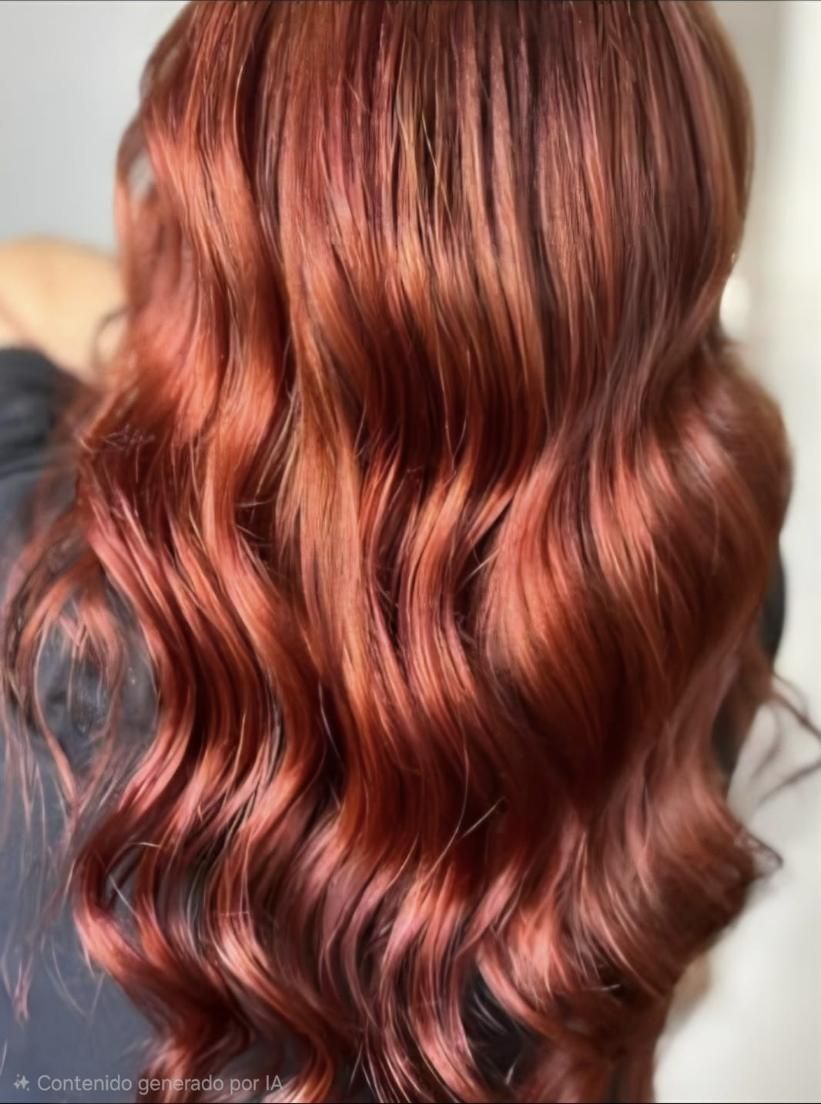 Cabello castaño rojizo ondulado con rizos suaves y reflejos brillantes, visto desde atrás.