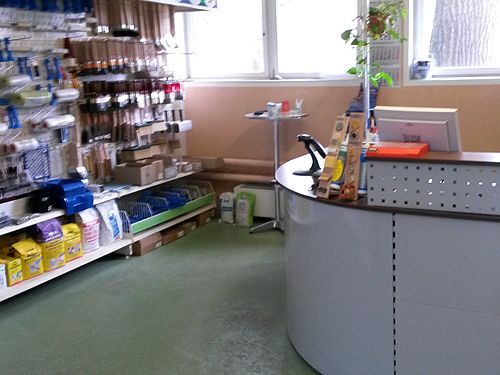 Inneneinrichtung eines Baumarkts mit einer weißen, geschwungenen Theke und Produktregalen.