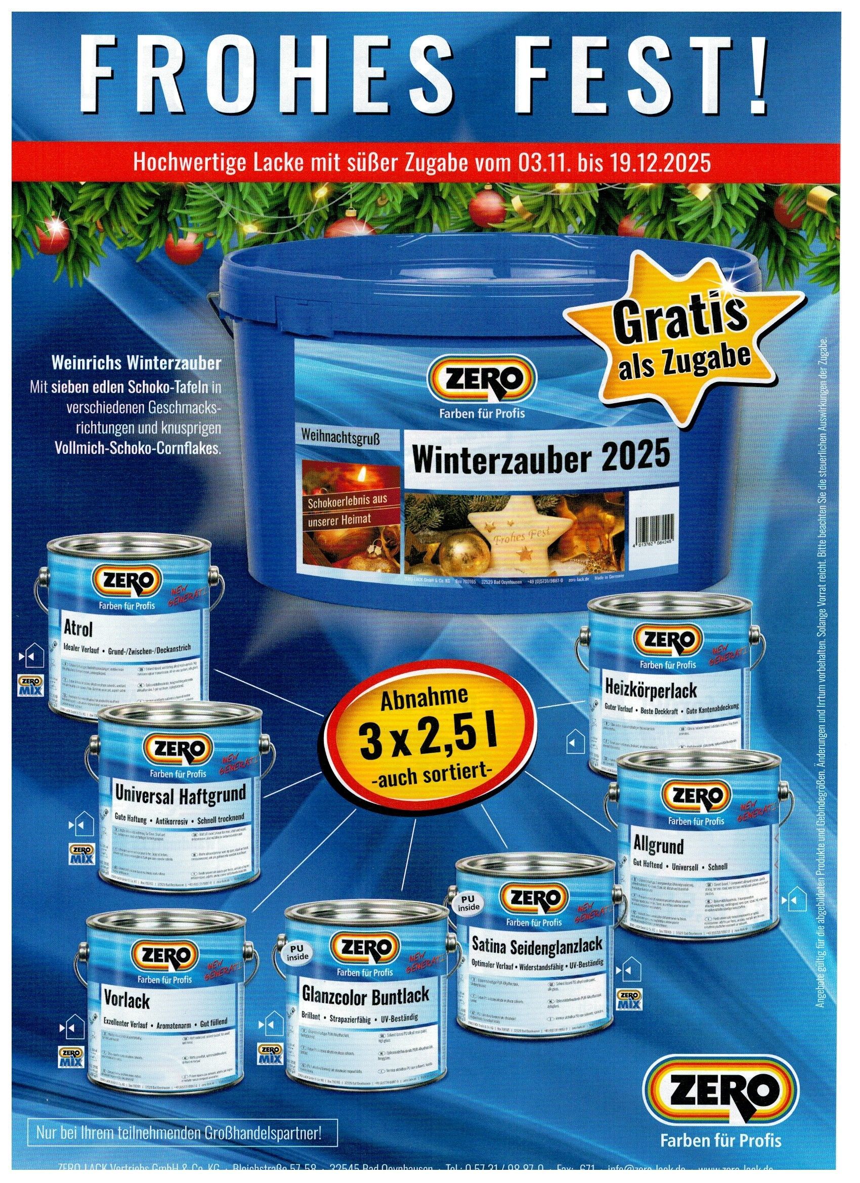 Herbstliche Farbverkaufsanzeige mit blauen ZERO-Farbdosen und einem blauen Behälter. „Gratis“-Stern.