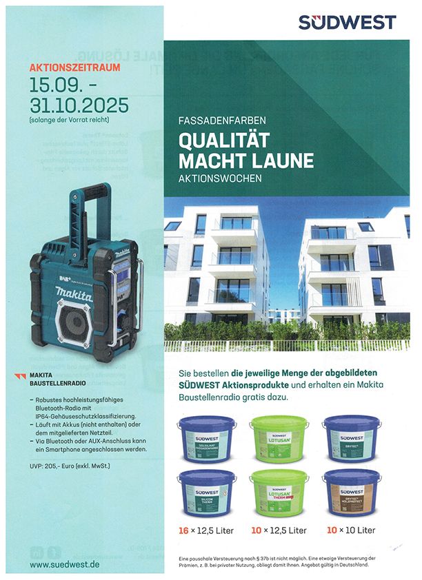 Werbeflyer für Südwest-Farben mit Werkzeugen, Farbeimern und modernen Gebäuden.