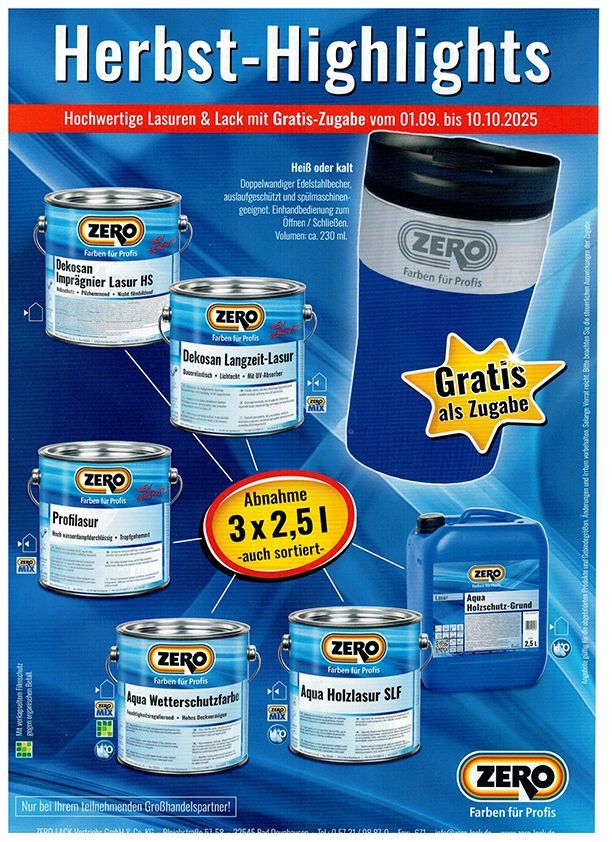 Herbstliche Farbverkaufsanzeige mit blauen ZERO-Farbdosen und einem blauen Behälter. „Gratis“-Stern.