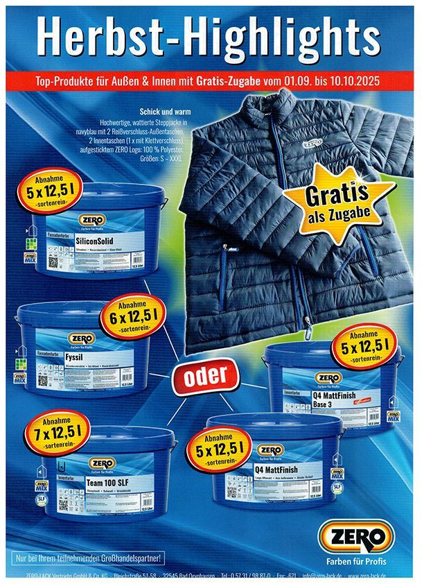 Herbstliche Highlight-Werbung mit Farbeimern und einer blauen Jacke als Gratisgeschenk.