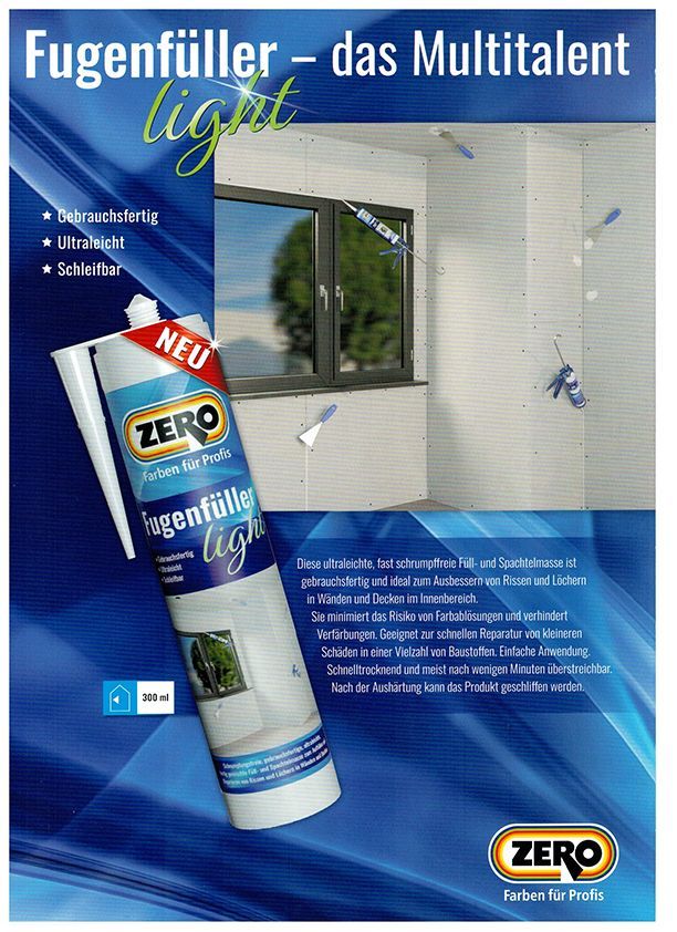 Anzeige für die Leichtversiegelung Zero Fugenfüller. Gezeigt werden eine Tube Versiegelung und ein gefliestes Badezimmer mit Fenster.