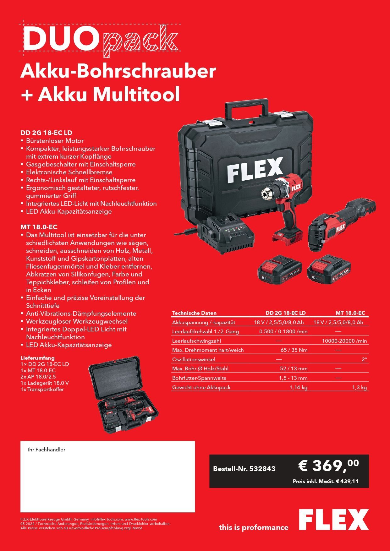 Rote Anzeige: Flex Duo Pack Akku-Bohrschrauber und Multitool-Set mit Werkzeug und Koffer, Preis 369,00 €.