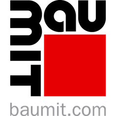 Baumit-Logo: Oben schwarzer Text „BAU“, in der Mitte rotes Quadrat, darunter „mit“ und Website-Adresse.