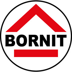 Logo für BORNIT, ein Bauunternehmen. Ein rotes Dach und eine Linie über schwarzem Text, alles innerhalb eines weiß-schwarzen Kreises.