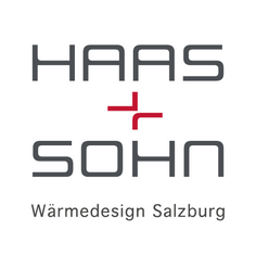 Logo for Haas + Sohn: gray text, red plus sign, 