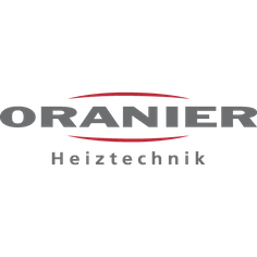 Logo der ORANIER Heiztechnik, einem Unternehmen für Heiztechnik, in dunkelgrauer Schrift mit roter Akzentlinie.