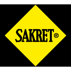 SAKRET-Logo: schwarzer Text auf gelber Raute, vor schwarzem Hintergrund.