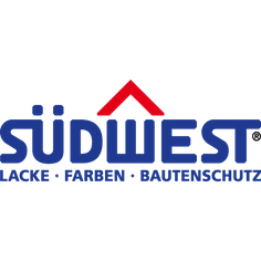 Logo für Südwest, ein Unternehmen für Farben und Bautenschutz. Mit dunkelblauem Text und einem roten Dachsymbol darüber.