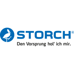 Logo von STORCH, blau und weiß, mit einer Storch-Illustration und dem Slogan „Den Vorsprung hol‘ ich mir.“