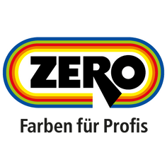 Logo für ZERO-Farben, mit buntem Bogenrand und deutschem Slogan.