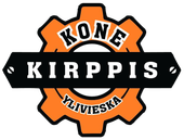 Logo for Kone Kirppis Ylivieska, featuring an orange gear, black banner, and white text.