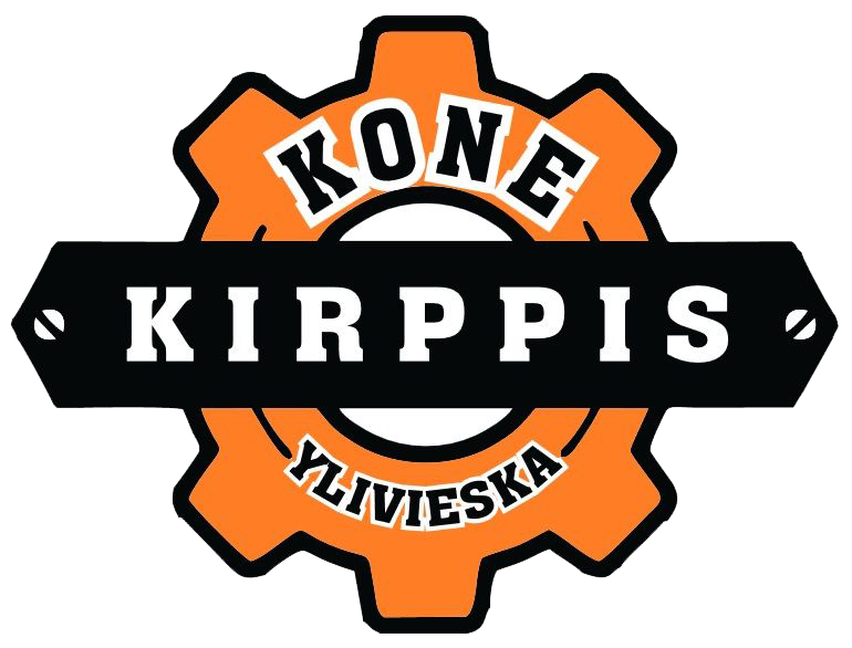 Logo for Kone Kirppis Ylivieska, featuring an orange gear, black banner, and white text.