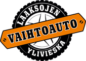Logo for Laaksojen Vaihtoauto, Ylivieska. Text on an orange bar over a black wheel with a compass.