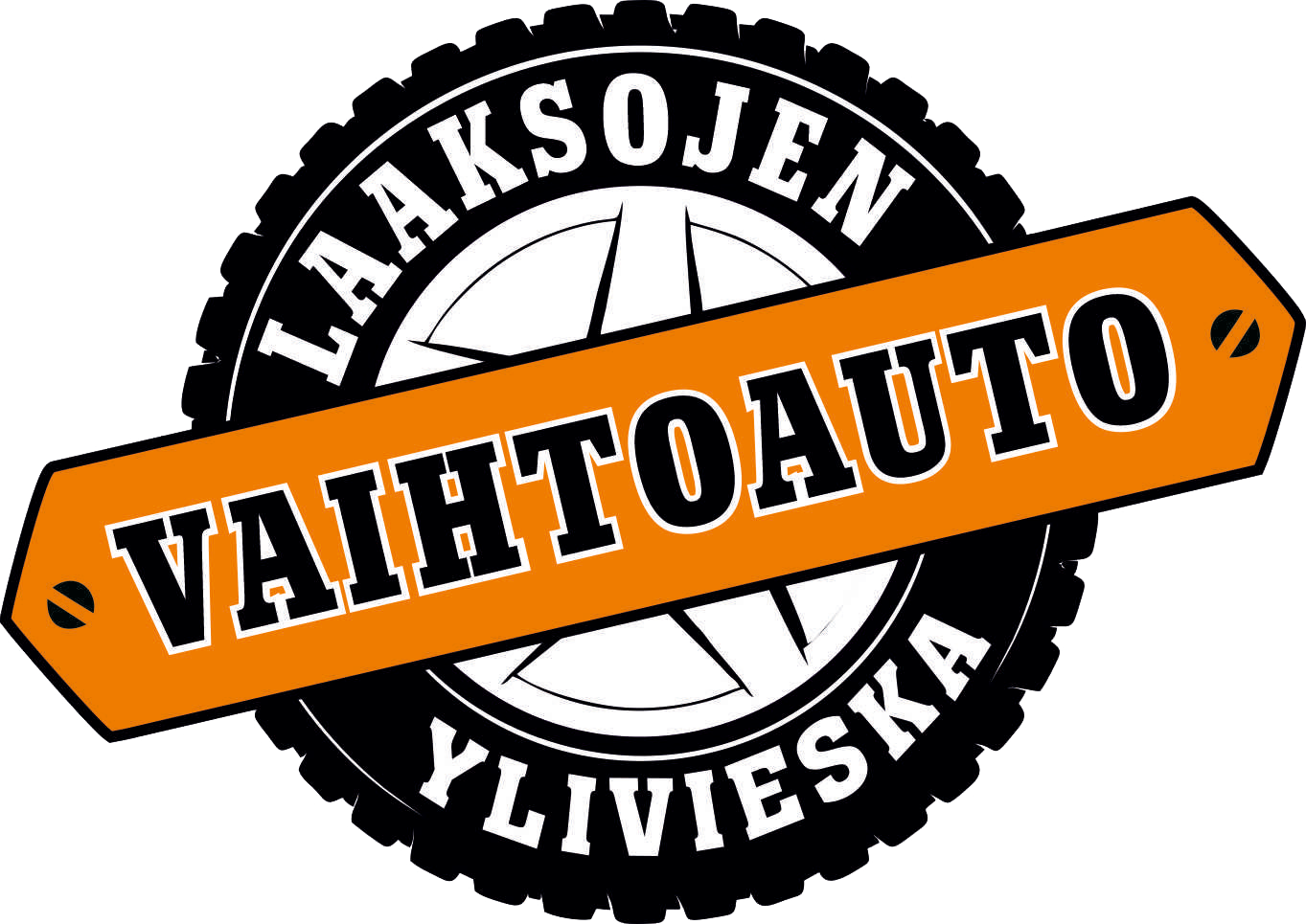 Logo for Laaksojen Vaihtoauto, Ylivieska. Text on an orange bar over a black wheel with a compass.